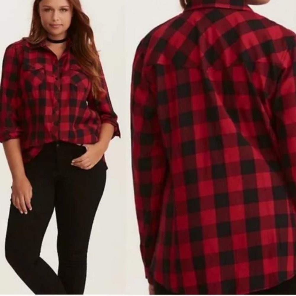 Torrid Women's Red Black Plaid Button Up Long Sleeve Plaid Twill Camp Shirt 1X